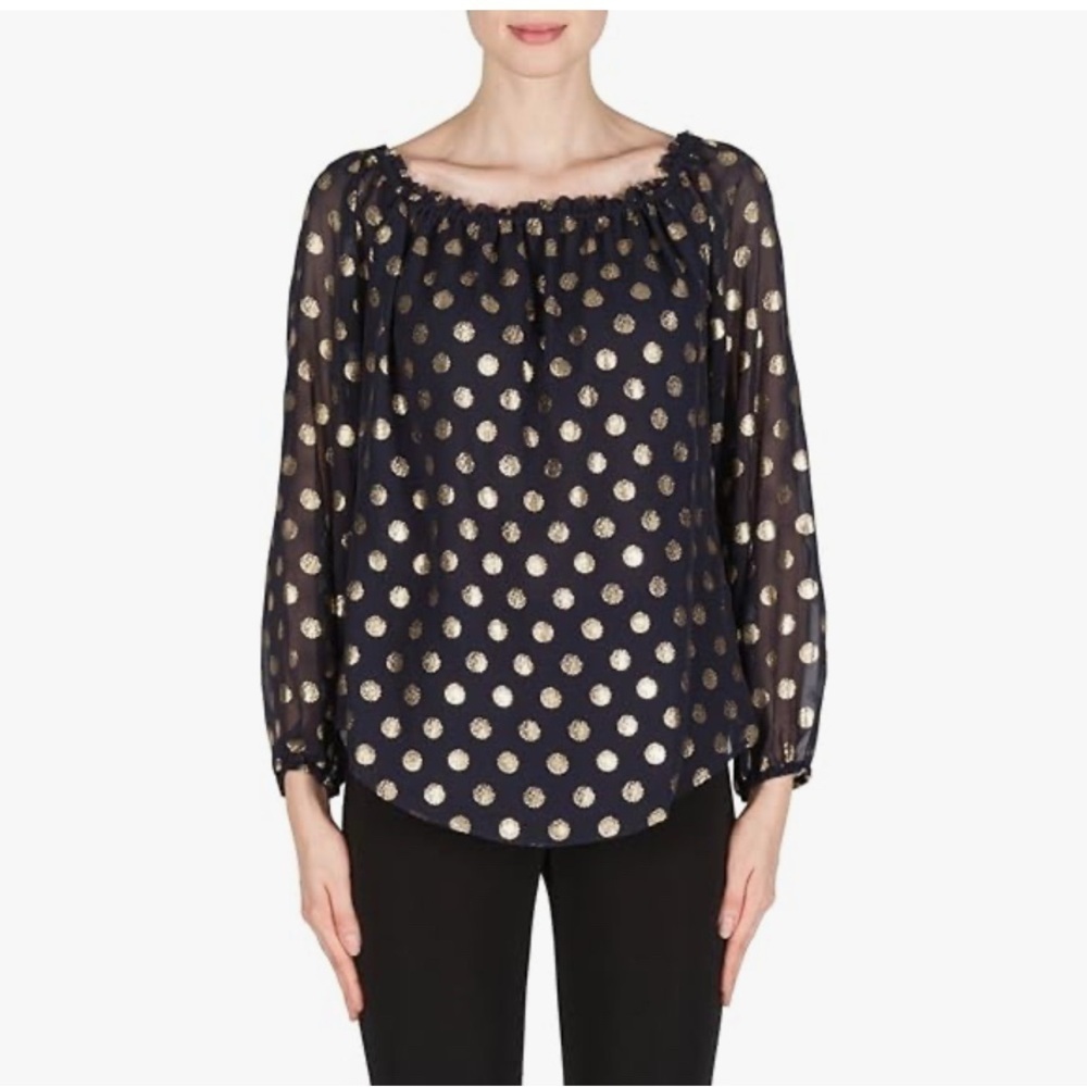 Joseph Ribkoff Midnight Blue Gold Dot Ruffle Collar Long Sleeve Top Style 181608
